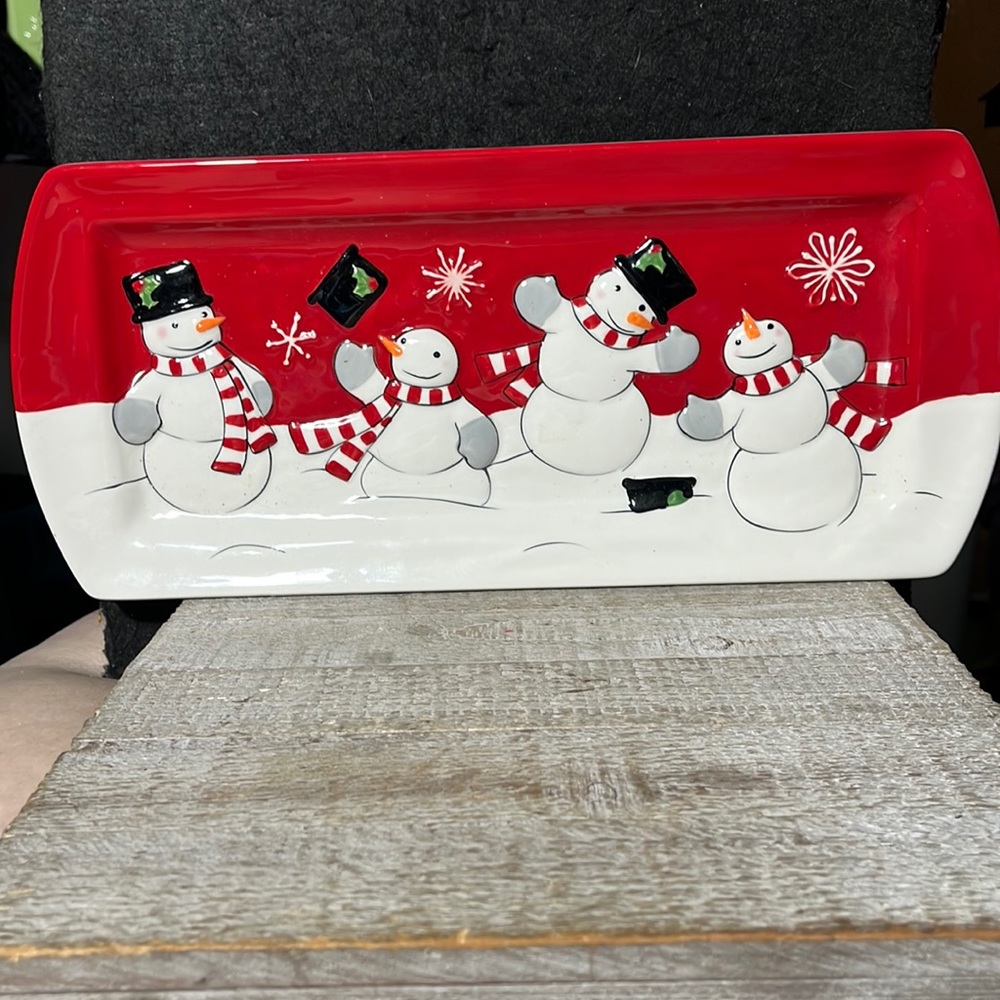St Nicholas Square Snowman Holiday Tray Platter Plate - “Tree Lot” - 13.5” x 6"